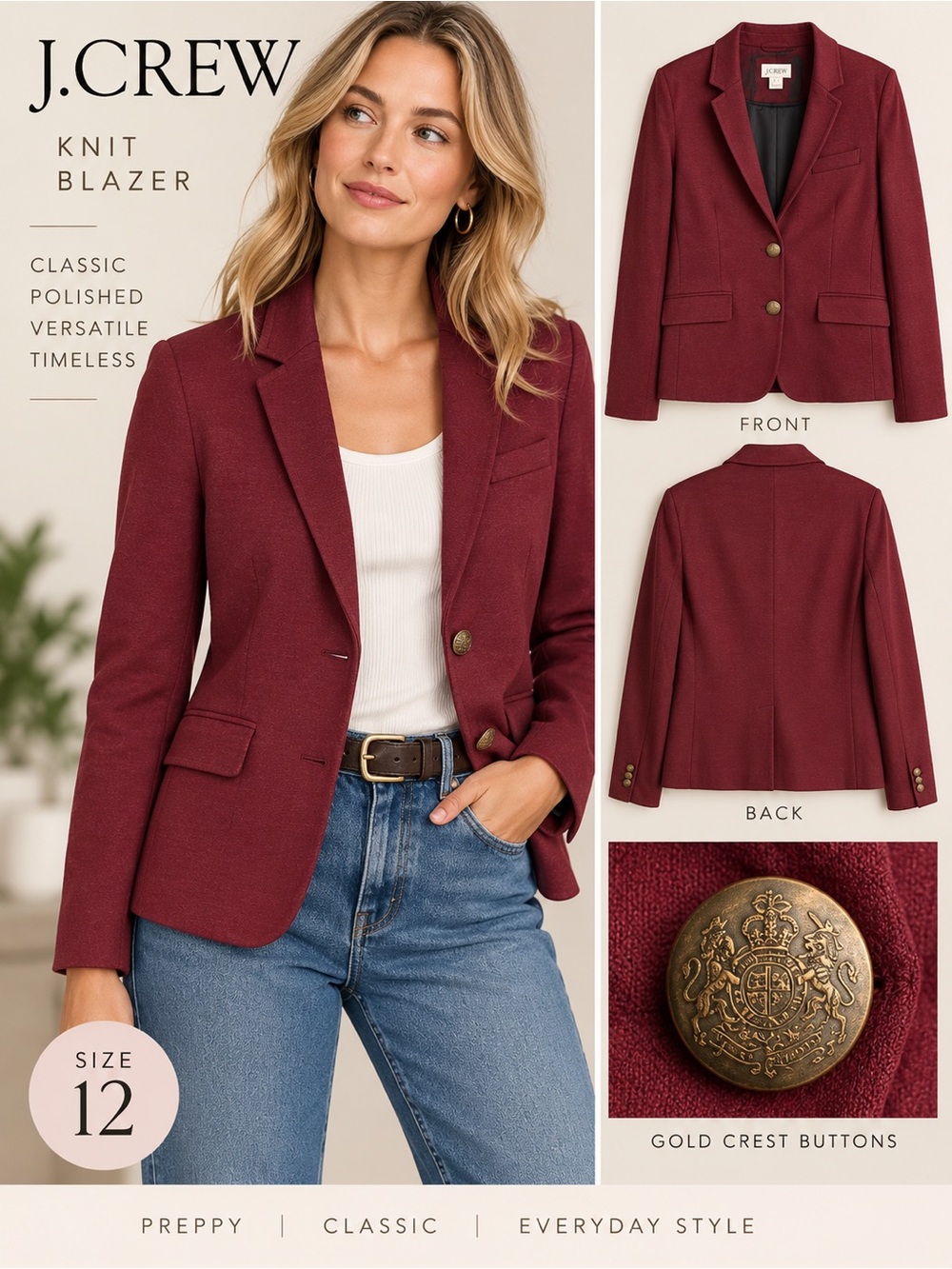 J. Crew Burgundy Knit Blazer Gold Crest Buttons Women’s Size 12